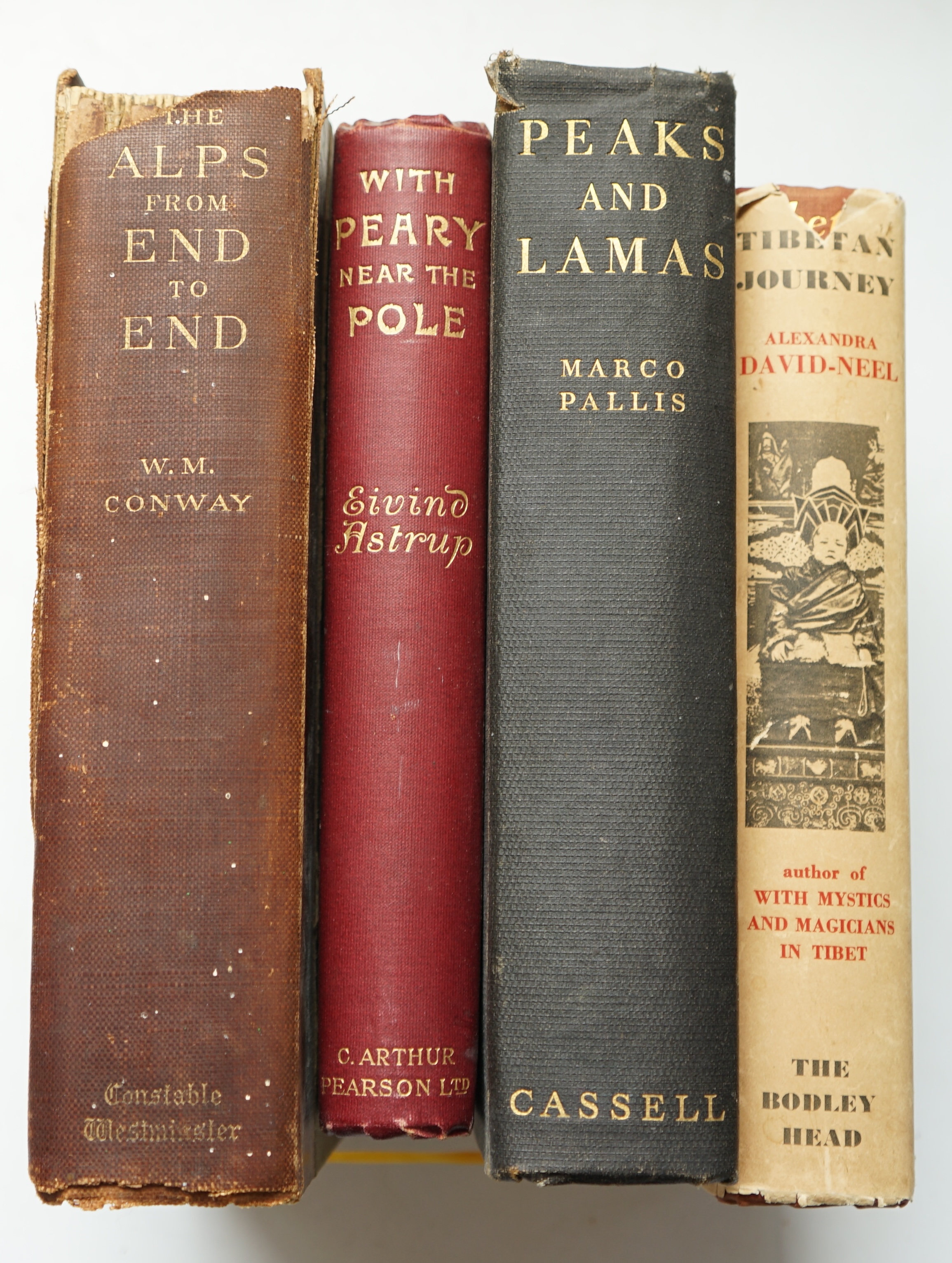 David-Neel, Alexandra - Tibetan Journey, 1st edition, 8vo, red cloth with d/j, folding map, 19 photographic plates, John Lane, London, 1936; Pallis, Marco - Peaks and Lamas, 1939; Conway, Sir William Martin - The Alps fr